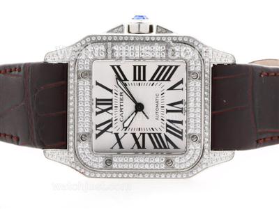 Cartier Santos 100 Swiss ETA 2836 Movement Diamond Bezel with White Dial