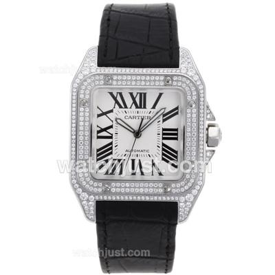 Cartier Santos 100 Swiss ETA 2836 Movement Diamond Case with White Dial-Leather Strap