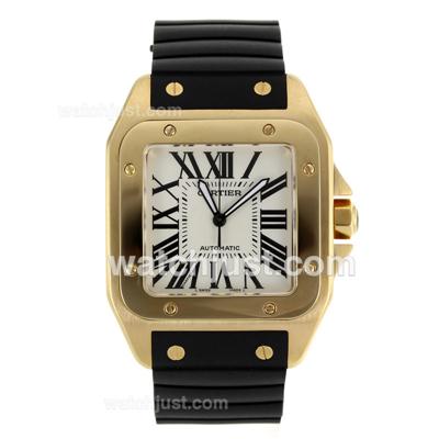 Cartier Santos 100 Swiss ETA 2836 Movement Full Gold Case with White Dial-Black Rubber Strap