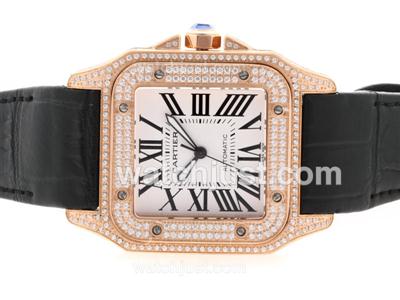 Cartier Santos 100 Swiss ETA 2836 Movement Rose Gold Case Diamond Bezel with White Dial-Black Leather Strap