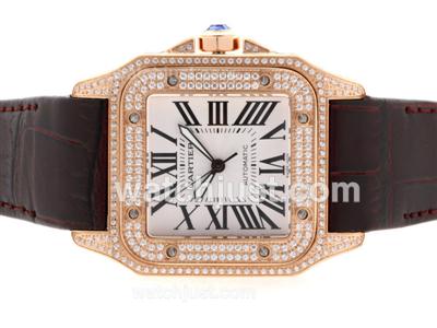 Cartier Santos 100 Swiss ETA 2836 Movement Rose Gold Case Diamond Bezel with White Dial-Brown Leather Strap