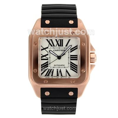 Cartier Santos 100 Swiss ETA 2836 Movement Rose Gold Case with White Dial-Black Rubber Strap