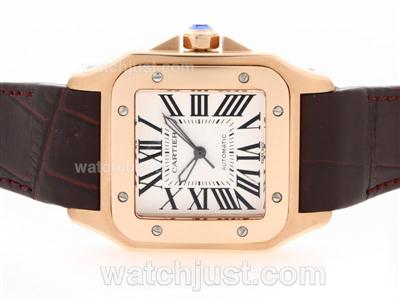 Cartier Santos 100 Swiss ETA 2836 Movement Rose Gold Case with White Dial-Brown Leather Strap