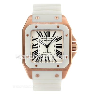 Cartier Santos 100 Swiss ETA 2836 Movement Rose Gold Case with White Dial-White Rubber Strap