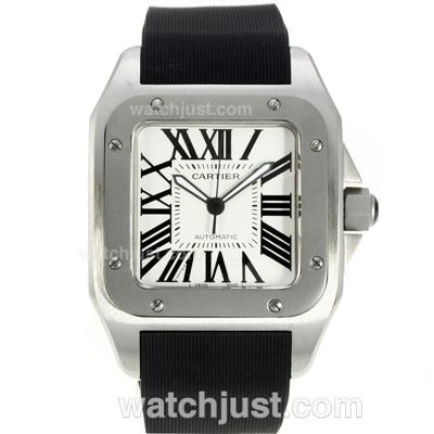 Cartier Santos 100 Swiss ETA 2836 Movement with White Dial-Black Rubber Strap