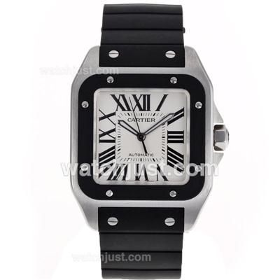 Cartier Santos 100 Swiss ETA 2836 Movement with White Dial-Rubber Strap