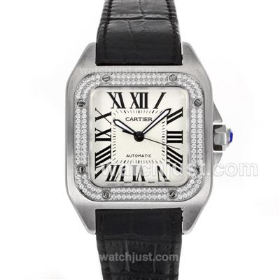 Cartier Santos 100 Swiss ETA 2892 Movement Diamond Bezel with White Dial-Leather Strap