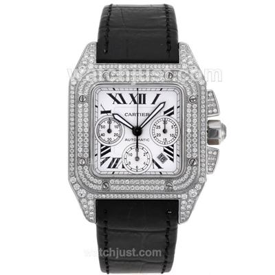 Cartier Santos 100 Swiss ETA Valjoux 7750 Movement Full Diamond Case with White Dial-Leather Strap