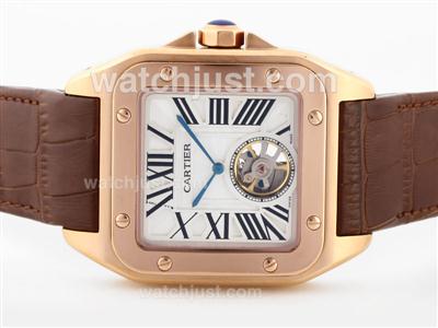 Cartier Santos 100 Tourbillon Automatic Rose Gold Case with White Dial-Oversized