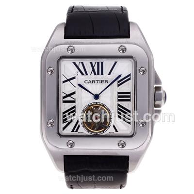 Cartier Santos 100 Tourbillon Automatic SS Case with White Dial