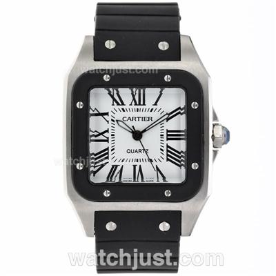 Cartier Santos 100 White Dial with Black Bezel- Rubber Strap Lady Size