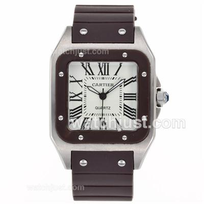 Cartier Santos 100 White Dial with Brown Bezel and Rubber Strap Lady Size