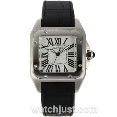 Cartier Santos 100 with White Dial-Black Leather Strap