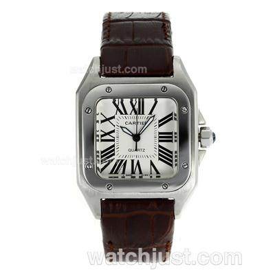 Cartier Santos 100 with White Dial-Brown Leather Strap