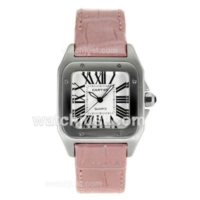 Cartier Santos 100 with White Dial-Pink Leather Strap