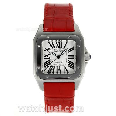 Cartier Santos 100 with White Dial-Red Leather Strap