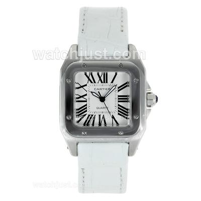 Cartier Santos 100 with White Dial-White Leather Strap