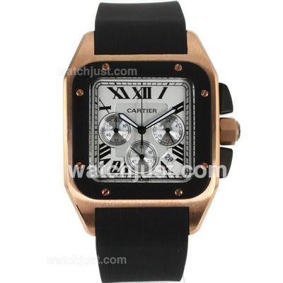 Cartier Santos 100 Working Chronograph Rose Gold Case PVD Bezel with White Dial-Rubber Strap