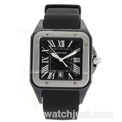 Cartier Santos Black Authentic Ceramic Case with Black Dial-Rubber Strap