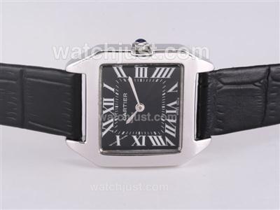 Cartier Santos Dumont With Black Dial-Leather Strap