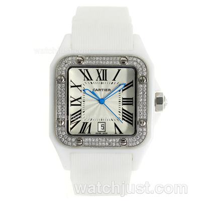 Cartier Santos White Authentic Ceramic Case Diamond Bezel with White Dial-White Rubber Strap