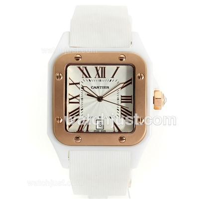 Cartier Santos White Authentic Ceramic Case Rose Gold Bezel with White Dial-White Rubber Strap