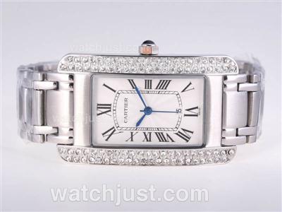 Cartier Tank Americaine Diamond Bezel with White Dial-Man Size