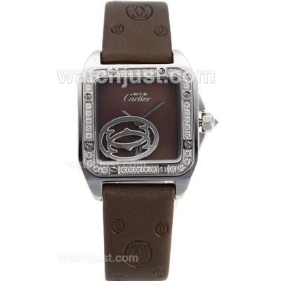 Cartier Tank Diamond Bezel with Brown Dial-Brown Leather Strap