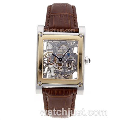 Cartier Tank Manual Winding Golden Bezel with Skeleton Dial-Leather Strap