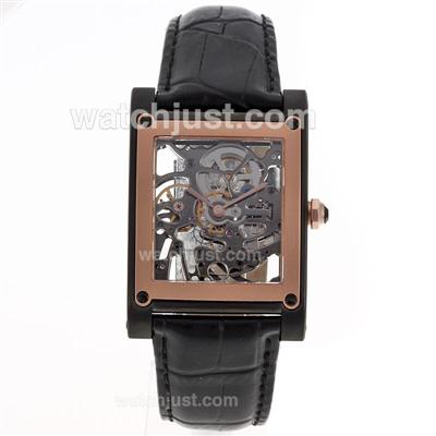 Cartier Tank Manual Winding PVD Case with Skeleton Dial-Leather Strap