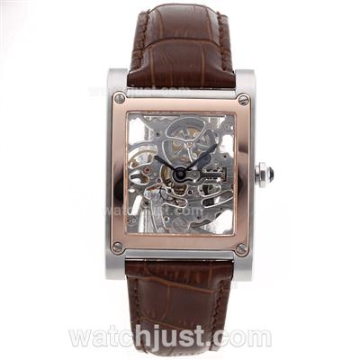 Cartier Tank Manual Winding Rose Gold Bezel with Skeleton Dial-Leather Strap