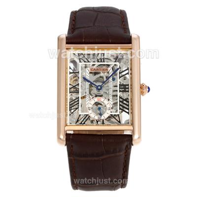 Cartier Tank Manual Winding Rose Gold Case with Skeleton Dial- Leather Strap