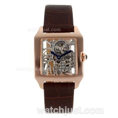 Cartier Tank Manual Winding Rose Gold Case with Skeleton Dial-Brown Leather Strap