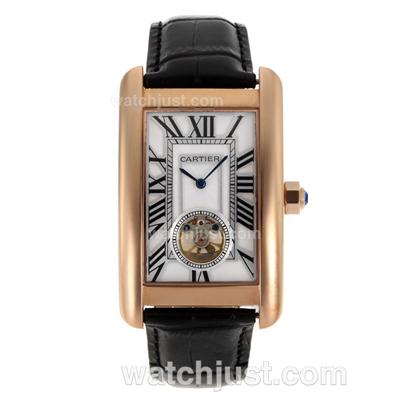 Cartier Tank Tourbillon Manual Winding Rose Gold Case with White Dial-Leather Strap