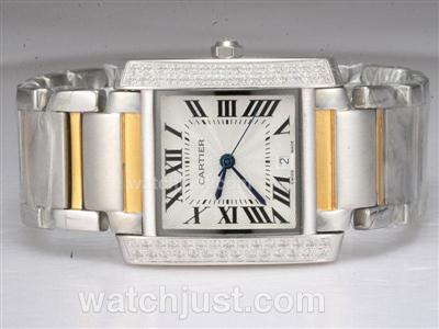 Cartier Tank Two Tone with Diamond Bezel-White Dial