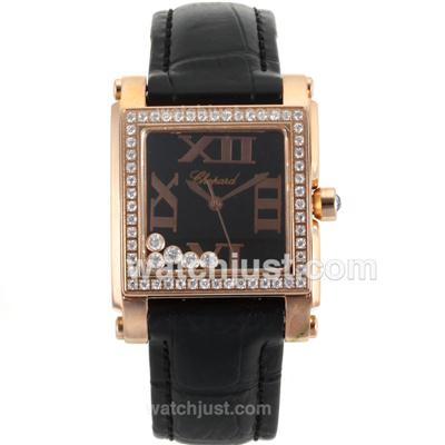 Chopard Happy Diamonds Rose Gold Case Diamond Bezel Roman Markers with Black Dial-Black Leather Strap