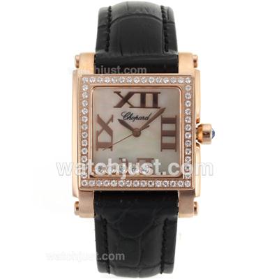 Chopard Happy Diamonds Rose Gold Case Diamond Bezel Roman Markers with MOP Dial-Black Leather Strap