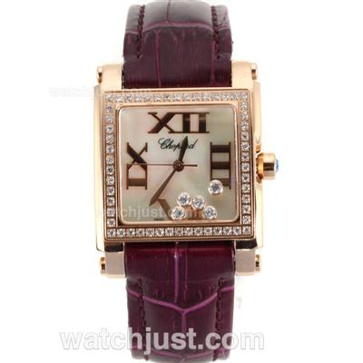 Chopard Happy Diamonds Rose Gold Case Diamond Bezel Roman Markers with MOP Dial-Purple Leather Strap