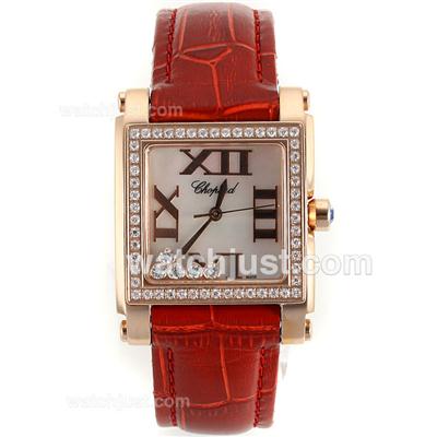 Chopard Happy Diamonds Rose Gold Case Diamond Bezel Roman Markers with MOP Dial-Red Leather Strap