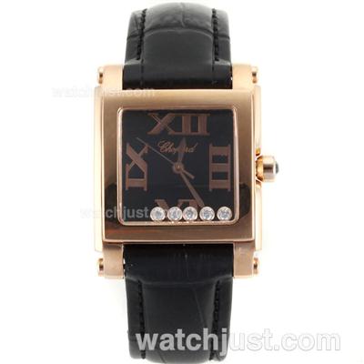 Chopard Happy Diamonds Rose Gold Case Roman Markers with Black Dial-Black Leather Strap