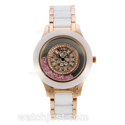 Chopard Happy Spirit Rose Gold/Ceramic Two Tone with CZ Diamond Dial-Pink Diamond Detail