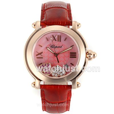 Chopard Happy Sport Rose Gold Case Roman Markers with Pink MOP Dial-Red Leather Strap