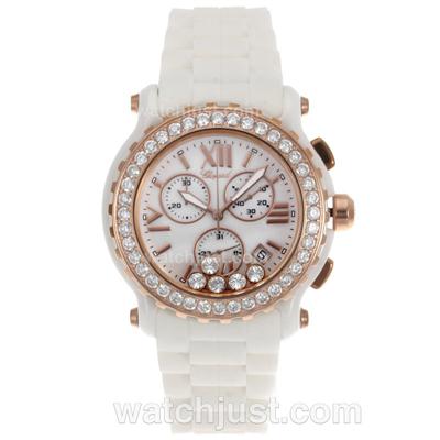 Chopard Happy Sport Working Chronograph White Ceramic Case Diamond Bezel with MOP Dial-Rubber Strap