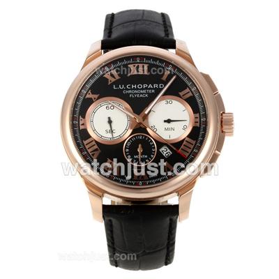Chopard LUC Automatic Rose Gold Case Roman Markers with Black Dial-Leather Strap
