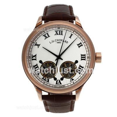 Chopard L.U.C Fleurier Double Tourbillon Automatic Rose Gold Case with White Dial-Leather Strap