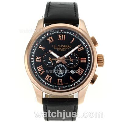 Chopard LUC Flyback Automatic Rose Gold Case Roman Markers with Black Dial-Black Leather Strap