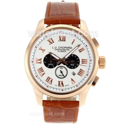 Chopard LUC Flyback Automatic Rose Gold Case Roman Markers with White Dial-Brown Leather Strap