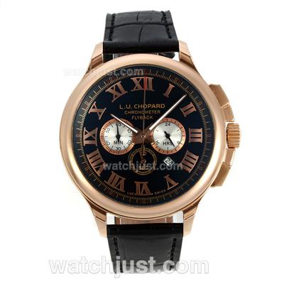 Chopard LUC Flyback Working Chronograph Rose Gold Case with Black Dial-Leather Strap