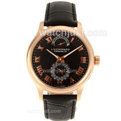 Chopard LUC Working Power Reserve Automatic Full Rose Gold Roman Markers with Black Dial and Leather Strap