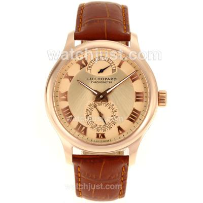 Chopard LUC Working Power Reserve Automatic Full Rose Gold Roman Markers with Champagne Dial-Brown Leather Strap